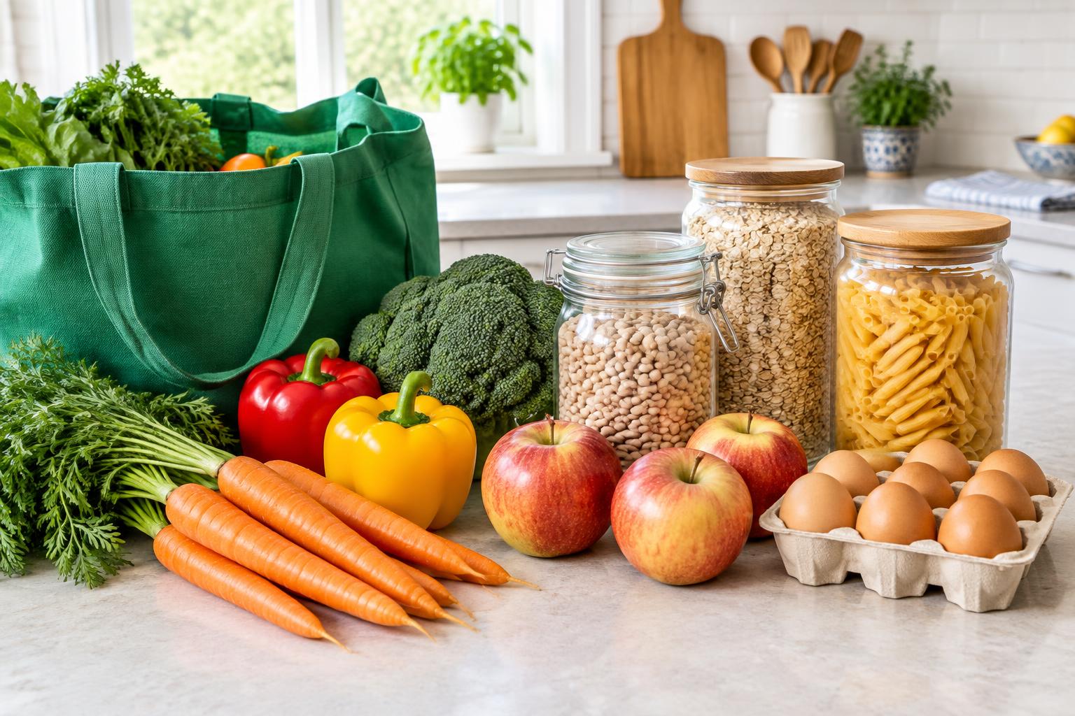 Reusable grocery bag with vegetables, fruit, eggs and pantry staples